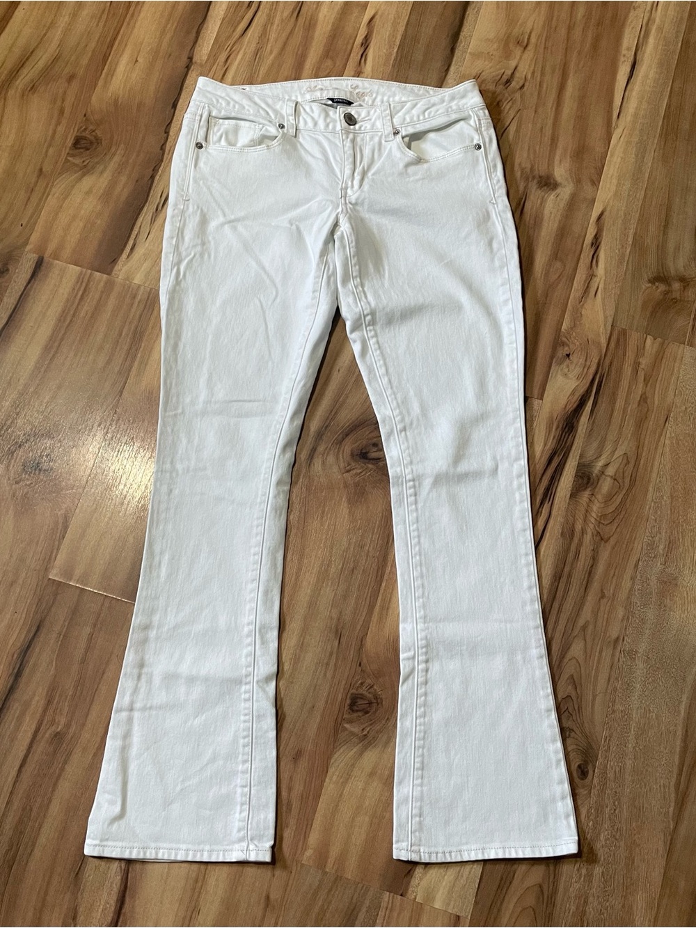Y2K AE Skinny Kick White Denim Jeans Sz 8 Silver Metallic Pocket Stitching